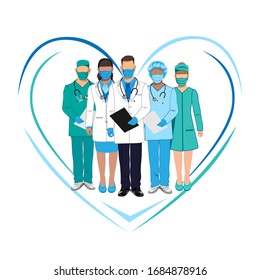 Set of characters of doctors in overalls. Thanks to the doctors. Stop the epidemic. Vector illustration on a white background.