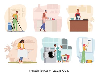 Set of Characters doing Daily Household Routines. Cleaning, Cooking, Organizing, Laundry, And Maintenance Home, Creating A Comfortable Environment For Residents. Cartoon People Vector Illustration