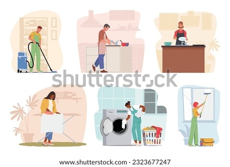 Set of Characters doing Daily Household Routines. Cleaning, Cooking, Organizing, Laundry, And Maintenance Home, Creating A Comfortable Environment For Residents. Cartoon People Vector Illustration