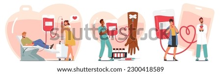 Set Characters Donate Blood To Help Others In Need. Process Involves Giving A Blood Sample. Donation Is Then Tested, And Distributed To Hospitals For Transfusions. Cartoon People Vector Illustration