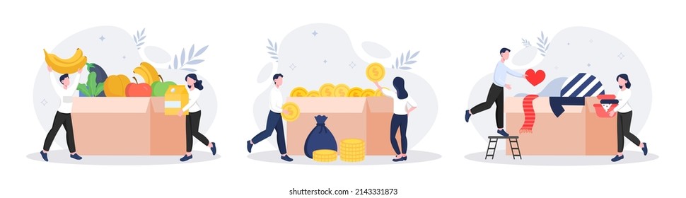 Set of characters donating for charity. Volunteers collect food, money or clothes in boxes. Kind men and women provide financial support. Cartoon flat vector collection isolated on white background