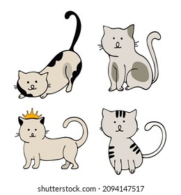 Set characters. Draw vector illustration character collection cute cats. Doodle cartoon style.