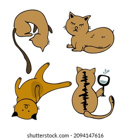 Set characters. Draw vector illustration character collection cute cats. Doodle cartoon style.
