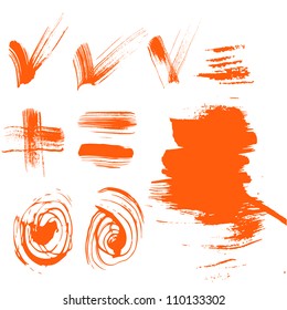 set of characters drawn with a brush-textured checkboxes, plus abstract spots