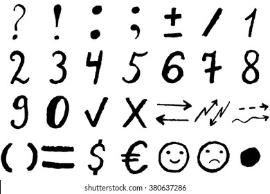 set of characters drawn in pencil, numbers, symbols.
