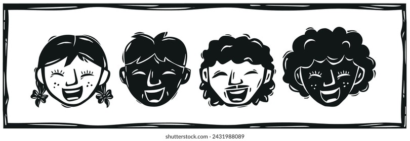 Set of characters drawn in woodcuts in cordel style. Boys and girls, white and black. Vector illustration