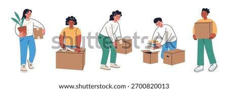 Set of characters during home or office move. People carry and lift boxes, pack belongings, tape cardboard boxes, load items. Relocation, packing, new home, apartment change, family moving day