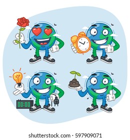 Set Characters Earth Holds Flower Clock Light Bulb Plant. Vector Illustration. Mascot Character.