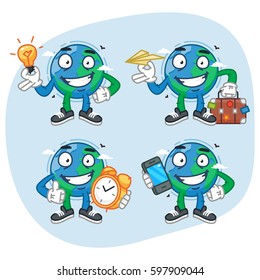 Set Characters Earth Holds Light Bulb Clock Phone Paper Plane. Vector Illustration. Mascot Character.