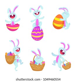 Set characters of easter rabbits. Bunny with basket amd colored eggs. Vector illustration