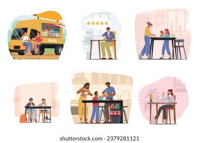 Set of Characters Eat and Cook. Couple Dining at Outdoor Cafe, Food Critic in Restaurant, Food Blogger Record Video, Family Cooking Dishes, School Kids Eating. Cartoon People Vector Illustration