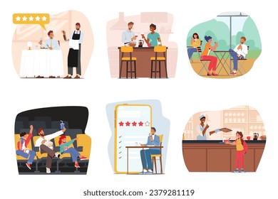 Set Characters Eat and Drink. Men, Women and Kids Visiting Cafe, Restaurant, Enjoying Pop Corn in Movie Theater, People Meeting with Friends in Outdoor Patio, Food Critics. Cartoon Vector Illustration