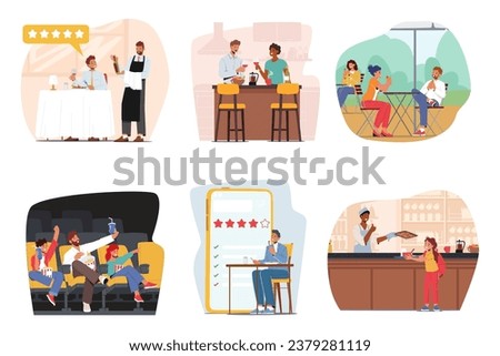 Set Characters Eat and Drink. Men, Women and Kids Visiting Cafe, Restaurant, Enjoying Pop Corn in Movie Theater, People Meeting with Friends in Outdoor Patio, Food Critics. Cartoon Vector Illustration