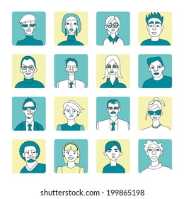 A set of characters. Eighteen faces or avatars of people (man and woman)  for Internet.