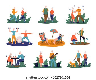 Set of characters elderly people. Pensioners run, do yoga, Nordic walking, walk a dog, work in the garden, sunbathe, sing, sit in a cafe, dance. Concept of active old age. Vector illustration.