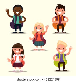 Set of characters elementary school students. Schoolboys and schoolgirls of different nationalities. Vector illustration of a flat design