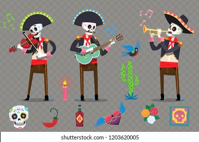 Set of characters and elements to create your own poster or card for Day of the Dead holiday. Vector elements