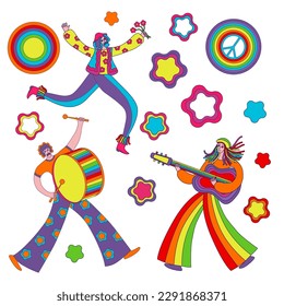 a set of characters and elements in the hippie style contains images of a drummer, guitarist and a dancing man with flowers