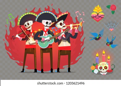 Set of characters and elements for Mexican Day of the Dead holiday. Vector images.