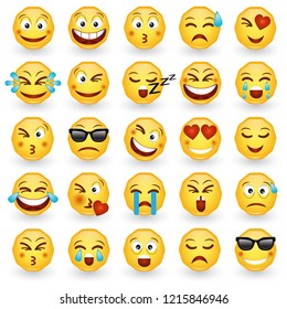 Set of characters and emojis. Collection of emoticon signs, stickers and symbols used in social media chats. Cartoon style icons smile face isolated on white background. Vector illustration