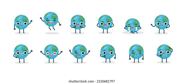 Establece personajes emotivos planeta tierra. Feliz concepto del Día del Medio Ambiente. El concepto ecológico, ahorra ecología. Mapa mundial de la cara de emoji