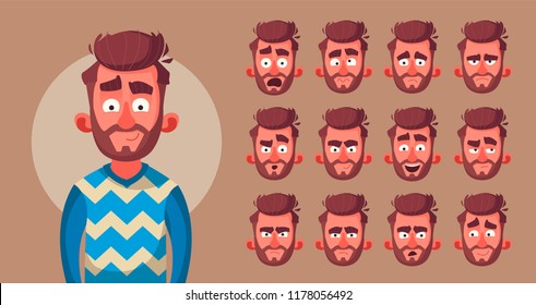 Set of character's emotions. Cartoon vector illustration. Male facial emotions. Emoji with different expressions.