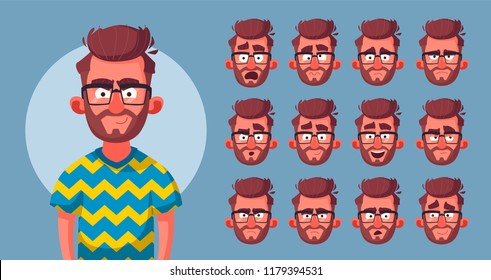 Set of character's emotions. Cartoon vector illustration. Male facial emotions. Emoji with different expressions.