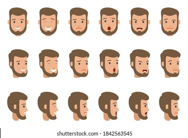 Set of character's emotions. Cartoon vector illustration. Male facial emotions. Emoji with different expressions. Front and side view of a bearded man’s head. Angry, kind, smiles, screaming character