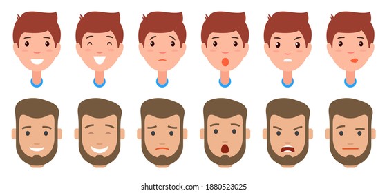 Set of character's emotions. Cartoon vector illustration. Boy and bearded man facial emotions. Emoji with different expressions. Front view of male s head. Angry, kind, smiles, screaming characters