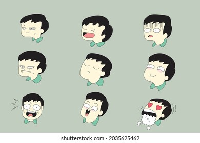 Set of character's emotions. Male facial emotions. Cartoon vector illustration. Emoji with different expressions.