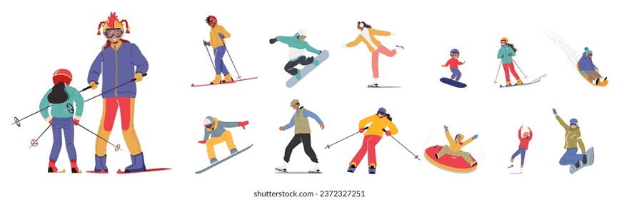 Set Of Characters Engage In Vibrant Winter Sports In A Snowy Wonderland. People Skiing, Snowboarding, Sliding, Ice Skating, Enjoying The Chilly Outdoor Activities. Cartoon Vector Illustration