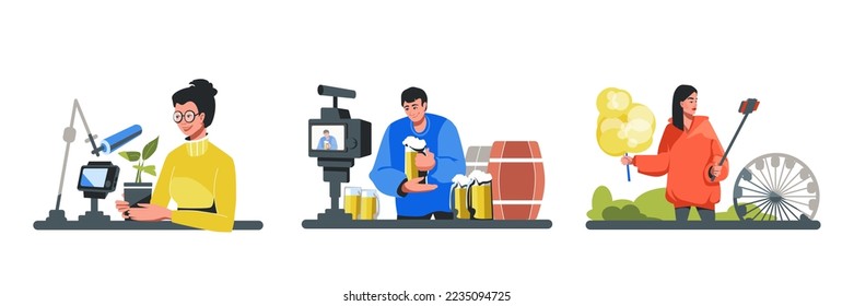 Set of characters engaged in blogging. Woman records video and talks about plants. Man tastes beer and advertises brewery. Sosial live of girl. Vector illustration flat style