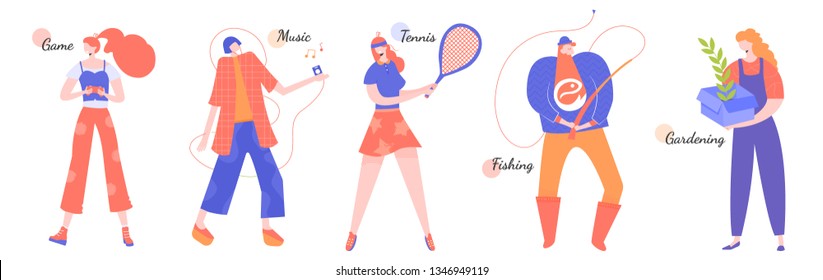 Set characters engaged in favorite things. Various hobbies and activities: playing on a computer or set-top box, listening to music and dancing, tennis, fishing, gardening. Bright vector illustration.