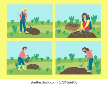Un conjunto de personajes se dedican a la jardinería. Los jóvenes plantan plantas, cavan el suelo. Ilustración vectorial de dibujos animados planos.
