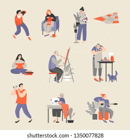 Set of characters engaged in their hobbies. Men and women taking pictures, knitting, floriculture, reading, painting, cooking, flying a kite, sewing and playing guitar. Vector cartoon illustration