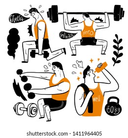 The set of characters exercises in the gym of athletes. Collection of hand drawn. Vector illustration in sketch doodle style.