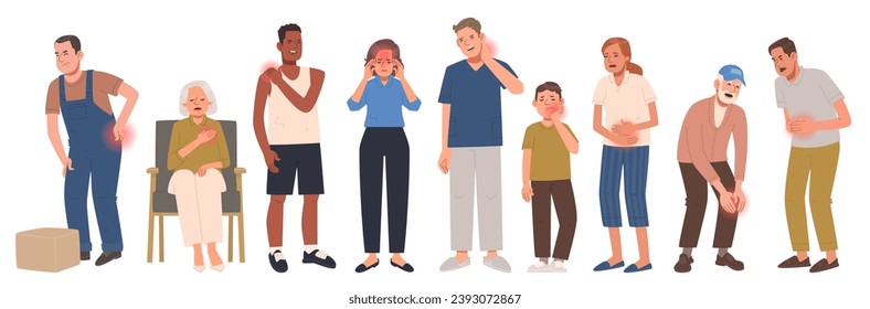 Set of characters experiencing different pain. Headache, toothache, menstrual pain, inflammation in the muscles, heart disease, spinal disease. Men and women suffering from different diseases. Vector 