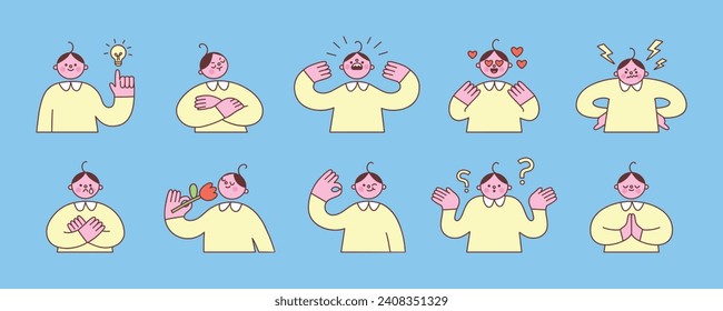 Set of characters experiencing various emotions. Vector illustration of  a man expressing his feelings with gestures and facial expressions. Happy, sad, surprised, characters in cute colorful style.