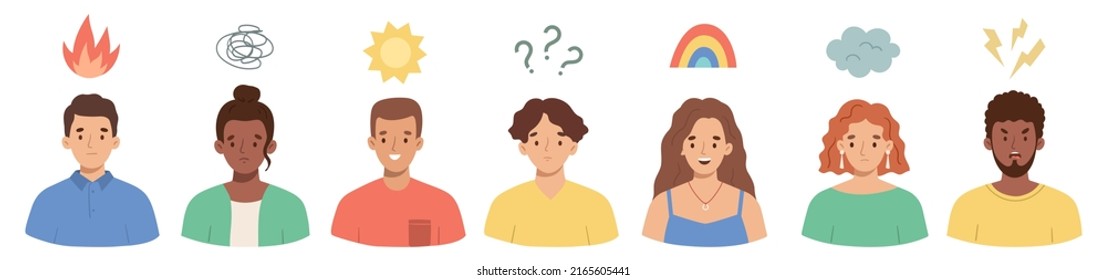 Set of characters expressing their feelings and emotions. Mood and emotional state - happy, sad, angry, confused, scared, excited. Vector flat illustration