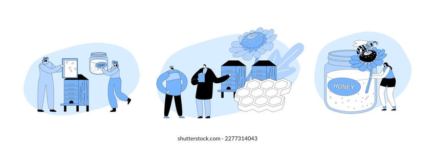 Set Characters Extract Apiary Production Honey, Pollen and Propolis. Beekeeper in Protective Outfit Take Honeycomb