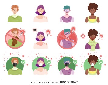 A set of characters and faces. Emotions. State of health. Healthy, ill, wearing a protective mask against the virus. Warning and protection.