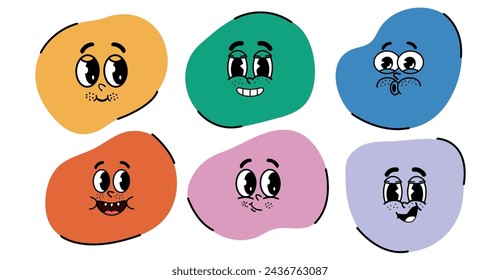 Set of characters with faces and expressions in groovy style.Icons Vector illustration. Y2K design. Hippie and 70s style elements. Psychedelic. Eyes, nose and mouth. For posters, cards and web banners