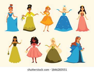 Set of characters fairy princesses or pretty girls kids in fancy royals costumes. Little girls in beautiful girlie dresses and crowns. Flat cartoon isolated vector illustrations.