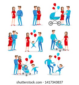 Set of characters the family. Creation, birth of children, care and upbringing. Mother, father, daughter and son. Vector illustration in a flat style