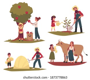 Set characters of farmer or gardener family, flat vector illustration isolated on white background. Parents and children gardening and caring for farm animals together.