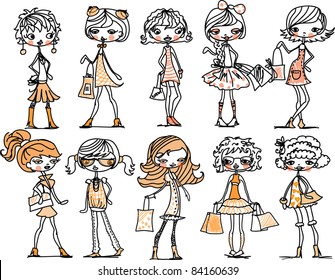 Set of characters fashionable girls