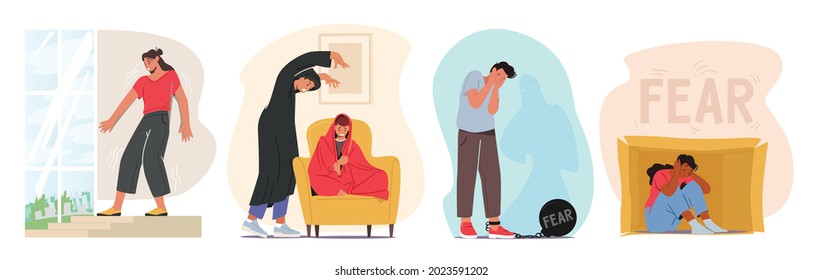 Set of Characters with Fear Mental Problems Agoraphobia, Introversion Disorder, Depression or Schizophrenia. Neurological and Emotional Psychological Sickness. Cartoon People Vector Illustration