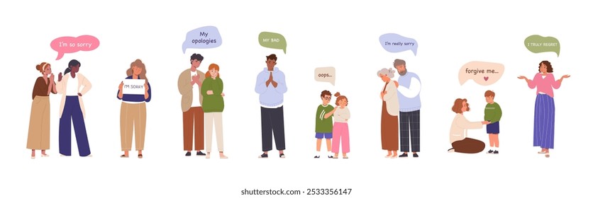 Conjunto de personagens sentindo pena, se desculpando, remorso expresso, se sentindo culpado. Emoções negativas, personagens masculinos ou femininos apologéticos. Crianças com cara triste. Ilustração de vetor plano isolada no branco