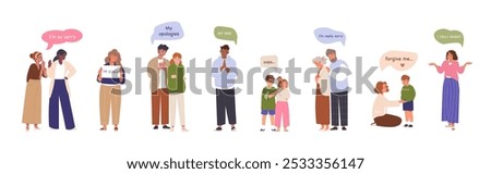 Set of characters feeling sorry, apologizing, express remorse, feeling guilty. Negative emotions, apologetic male or female characters. Kids with sorry face. Flat vector illustration isolated on white