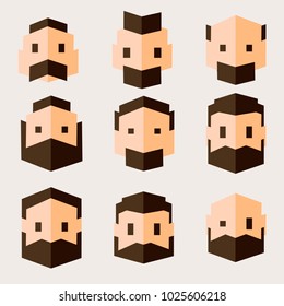 Set of characters in flat design. Men's heads in geometric flat style. Vector illustration.